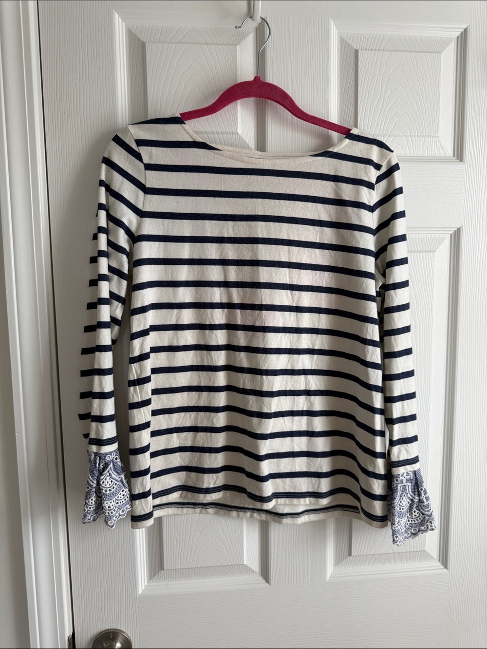 Talbots Navy & White Striped Long-Sleeve Top with Lace Cuffs